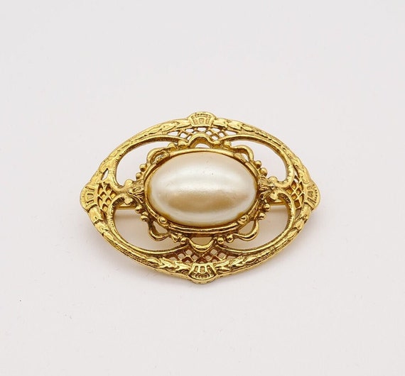 Broche Ancienne Vieil Or Poinçonnée - Cabochon Et Perles Bleues, Vintage Rare