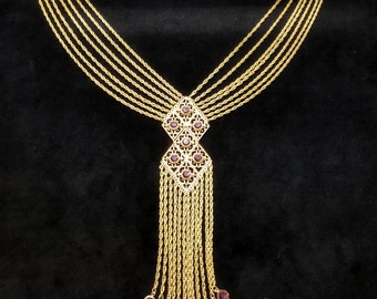 Goldette Egyptian Revival Amethyst Crystal Fringe Necklace in Gold Tone, Vintage 1960s