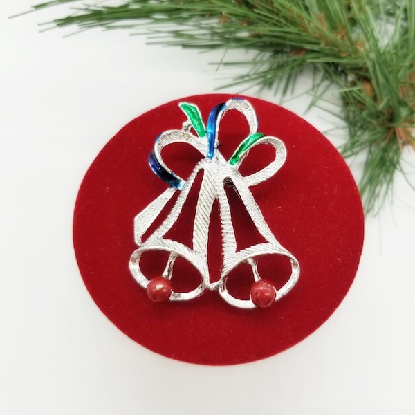 GERRY'S Christmas Bells Brooch, Silver Tone Metal with Red Green Blue Enamel, Vintage 1960s