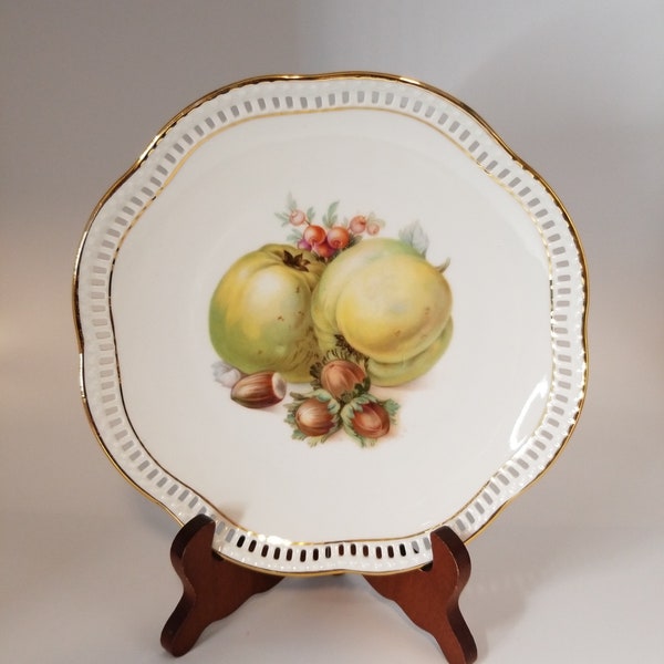 Schumann Arzberg Germany Reticulated Edge Fruits Nuts Porcelain Plate, Bavaria, Vintage 1950s