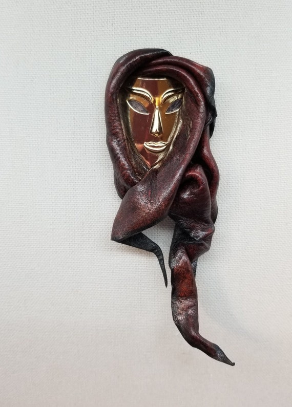 Leather Face Brooch Middle Eastern Woman or Bedou… - image 3