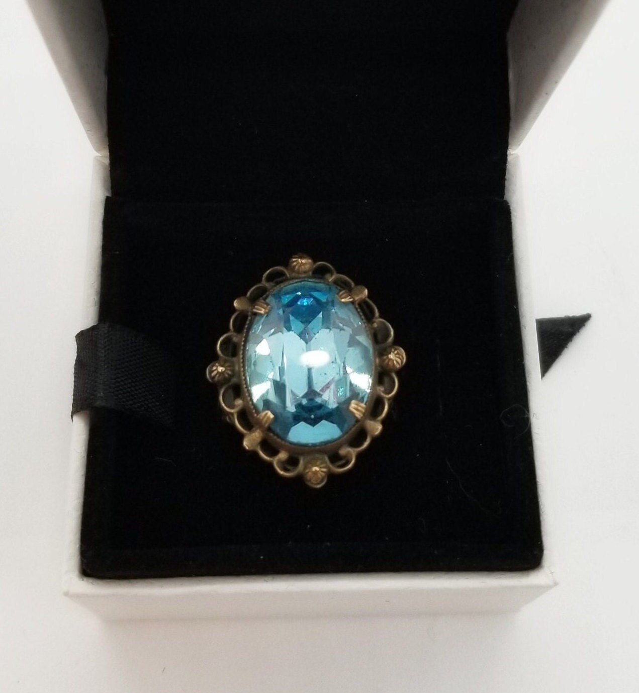 Antique Edwardian Victorian Blue Sapphire Glass Brass Ring Etsy