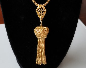 Rare CONTINENTAL Twisted Gold Plated Chain Victorian Style Flower Multi Chain Tassel Pendant Necklace, Continental Jewelry, Vintage 1960s