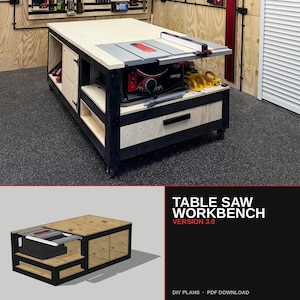 May include: A mobile wooden workbench featuring a built-in table saw with a gray top and red accents. The structure has a light wood surface, black painted legs, and storage compartments. Text reads: TABLE SAW WORKBENCH VERSION 3.0 DIY PLANS PDF DOWNLOAD.