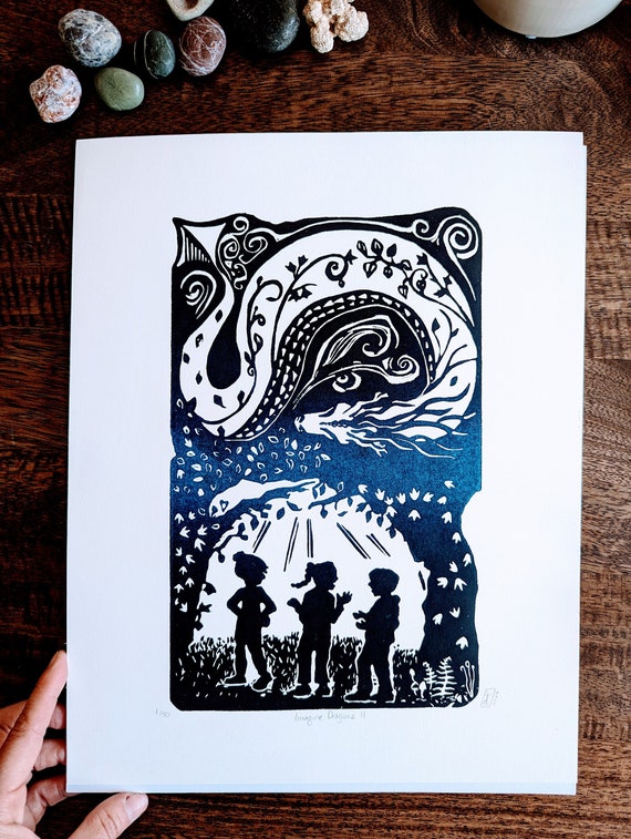 IMAGINE DRAGONS II -Hand printed linocut art - Blue gradient - Ideal for kid's rooms, for dragon people, book lovers - Original Wall Art