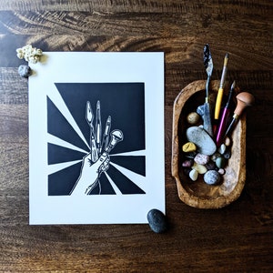 TOOLS of the TRADE - Original handcarved handprinted linocut print celebrating the artist in all of us. Limited Edition in Black and White.