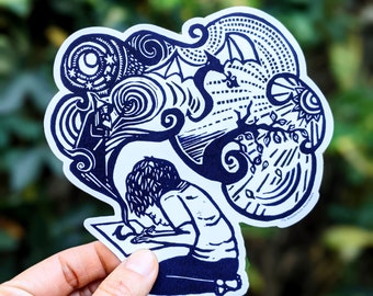 THE STORYTELLER Sticker  | Vinyl Sticker |  Linocut Sticker Art | Artist