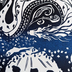 May include: Black and white linocut print depicting three figures standing in front of a tree with a large, swirling branch overhead. The figures are silhouetted against a white background.