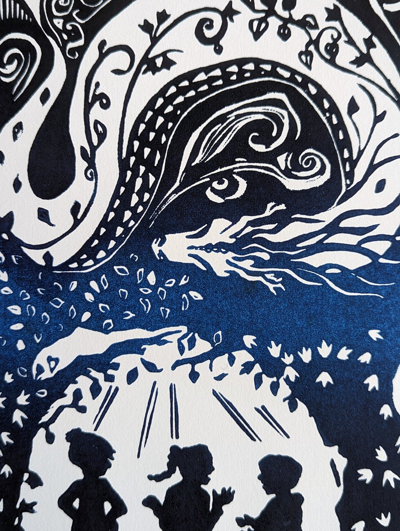 May include: Black and white linocut print depicting three figures standing in front of a tree with a large, swirling branch overhead. The figures are silhouetted against a white background.