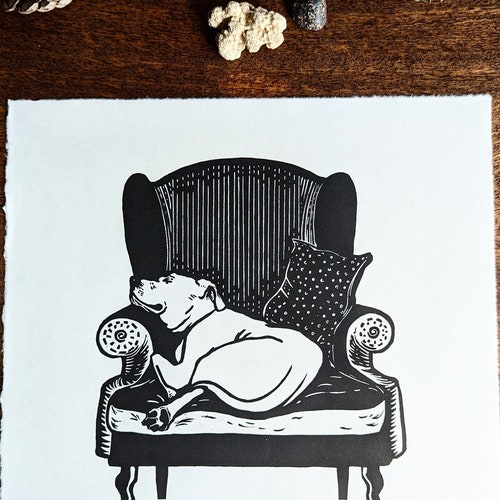 SLUMBER - Art original en linogravure sculpté et imprimé à la main | Art mural | Imprimé chien