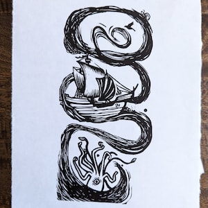 SAIL FORTH! | Original Handmade Block Print | Sailing ship art perfect for those adventuring into new seas | Sea Creatures | Nautical Art