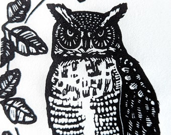NOCTURNAL | Limited Edition Original Handmade Block Print | Horned Owl Art | Linoleum Block Print on Archival 100% Cotton Paper | Nature Art