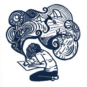 THE STORYTELLER - Original handcrafted linocut print ideal as kid's wall art, decor for book-lovers' reading nooks, artist spaces, etc.!