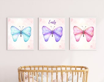 Lot de 3 affiches papillons pouvant être personnalisées pour chambre de bébé/chambre d'enfant à imprimer vous-même, cadeau d'affiche de nom de décoration murale pour les filles