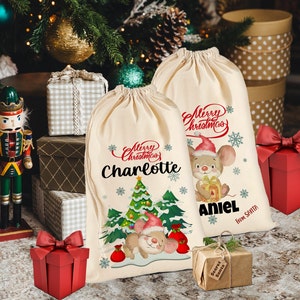 Personalised Christmas Xmas 2023 Santa Sack Gift Bag 100% cotton Large XL size Printed with your name Mouse Sweet Design