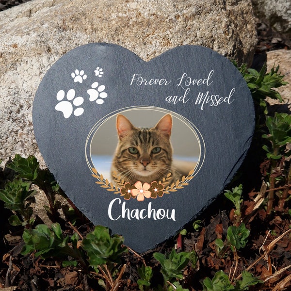 Cornice floreale personalizzata Grande grigio scuro a forma di cuore in ardesia naturale Targa commemorativa per animali domestici Lapide per cani Lapide per gatti 25x25 cm 10x10 cm