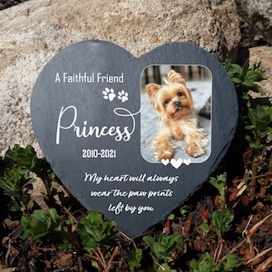 Personalised Cute Pet Loss Photo Dark Grey Natural Slate Memorial Plaque Dog Gravestone Cat Grave Marker 15x15cm, Heart 25x25cm
