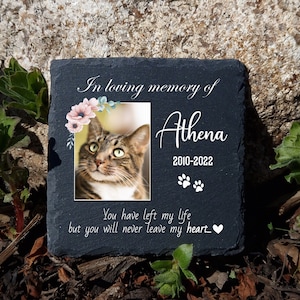 Personalised Floral Frame Photo Dark Grey Natural Slate Pet Memorial Plaque Dog Gravestone Cat Grave Marker size 10x10cm 15x15cm 20x20cm