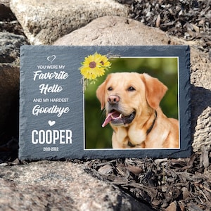 Personalised Sunflower Dark Gray Natural Slate Pet Photo Memorial Plaque Cat Gravestone Dog Grave marker in size 20x30cm, 20x20cm, 25x25cm