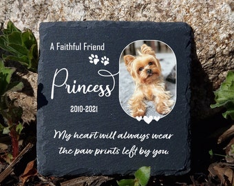 Personalised Dark Gray Pet Memorial Plaque With Photo Name Date Natural Slate Dog Gravestone Cat Grave Marker 10x10cm 20x20cm