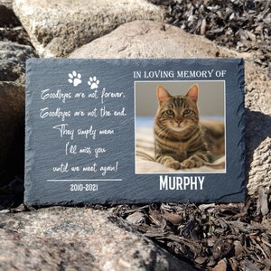 Personalisierte maßgeschneiderte dunkelgraue Naturschiefer Foto Gedenktafel Katze Hund Grabstein, Größe 20 x 30 cm 7,8 &#39;&#39; x 11,8 &#39;&#39; Herz 25 x 25 cm, Haustier Verlust