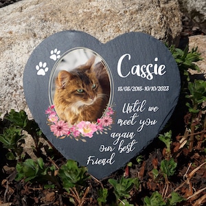 Moldura floral fofa personalizada em formato de coração escuro, placa memorial de ardósia natural, lápide para cães, marcadores de túmulos para gatos, 25 x 25 cm, 10 x 10 cm, presente para perda de animais de estimação