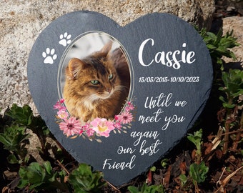 Personalised Floral Frame Design Dark Heart Shape Natural Slate Pet Memorial Plaque Dog Gravestone Cat Grave Marker 25x25cm 10x10cm