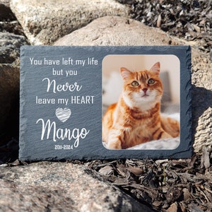 Personalised Dark Gray Natural Large Slate Pet Photo Memorial Plaque Cat Dog Gravestone in size 20x30cm, 20x20cm, Heart 25x25cm, Pet Loss