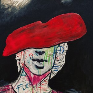 May include: A painting of a person wearing a red beret. The person's face is covered in colorful scribbles and the background is black.