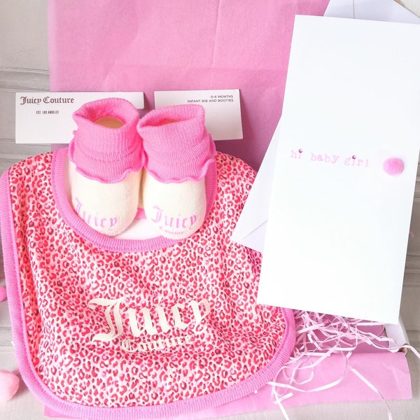 New Baby Gifts,Baby Girl cards,Handmade baby cards,Juicy Couture Bib & Booties-0-6 Months,Girls Gift Hamper Set,Baby Girls Pink Accessories