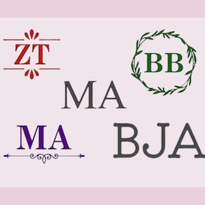 May include: A graphic design image with four different monogram designs. The first monogram is "ZT" in red with a decorative flourish. The second monogram is "MA" in black. The third monogram is "MA" in purple with a decorative flourish. The fourth monogram is "BJA" in black.