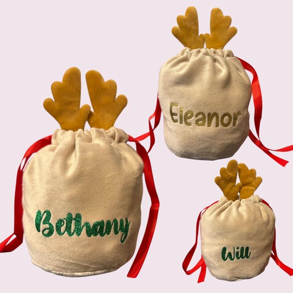Personalised Velvet Reindeer Gift Bag – Christmas Drawstring Bag with Name, Brown Antlers, Stocking Filler, Small Gift
