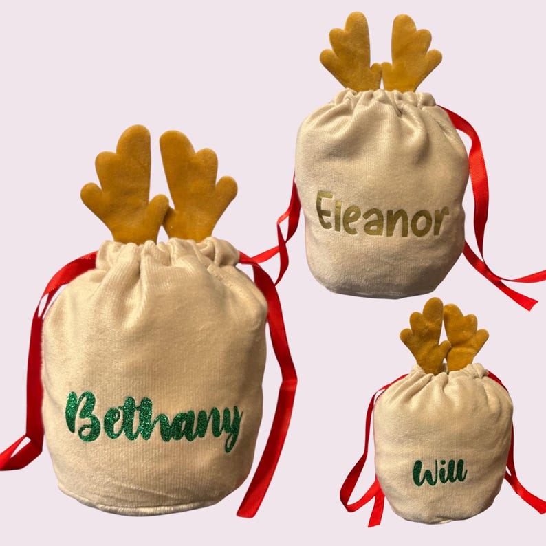 PRE-ORDER* Personalised Velvet Reindeer Gift Bag – Christmas Drawstring Bag with Name, Brown Antlers, Stocking Filler, Small Gift image 1