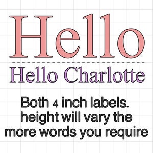 May include: A graphic design featuring the word "Hello" in a pink serif font above "Hello Charlotte" in a purple serif font. The text indicates both labels are 4 inches in height, with the height varying based on word count.