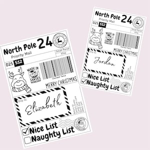 May include: Two black and white Christmas-themed gift tags. Each tag features a reindeer graphic, the text "North Pole 24," and "Merry Christmas." One tag is addressed to "Elizabeth," and the other to "Jordan." Both have "Nice List" and "Naughty List" options.