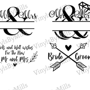 May include: Black and white wedding-themed graphics. Designs include "Mr & Mrs" with an ampersand, a diamond ring, crossed arrows with "Bride Groom", and text that reads "Cards and Well wishes For the New Mr and Mrs".