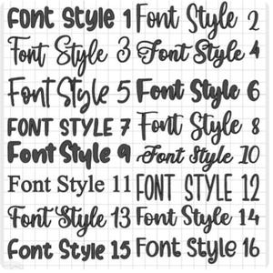 May include: A grid showcases 16 font styles, each identified with "Font Style" and a number. The fonts range from basic to ornate, all in a dark hue against a light grid background, offering a variety of typographic options.