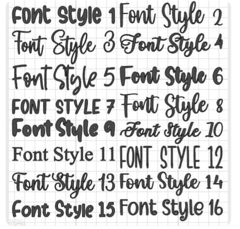 May include: A grid showcases 16 font styles, each identified with "Font Style" and a number. The fonts range from basic to ornate, all in a dark hue against a light grid background, offering a variety of typographic options.