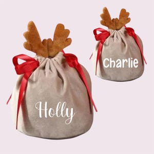 May include: Two beige drawstring gift bags with reindeer antlers and red ribbon. One bag has the name "Holly" in white script, and the other says "Charlie". The bags are on a light purple background.