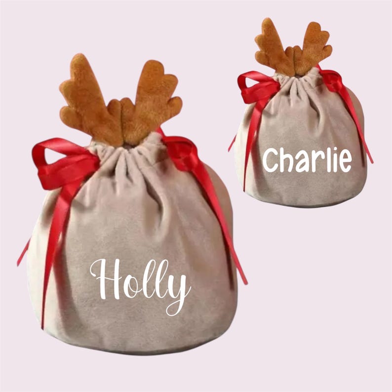 May include: Two beige drawstring gift bags with reindeer antlers and red ribbon. One bag has the name "Holly" in white script, and the other says "Charlie". The bags are on a light purple background.