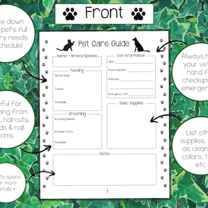 Pet Care Guide Printable Pet Care Sheet Standard Letter Paper 8.5 X 11 ...