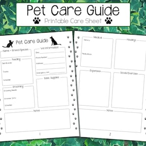Pet Care Guide Printable Pet Care Sheet Standard Letter Paper 8.5 X 11 ...
