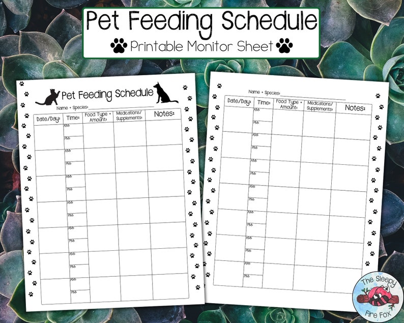 Printable Pet Feeding Schedule Pet Monitoring Sheet 8.5 X 11 - Etsy