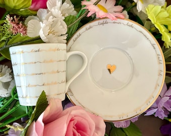Limited Edition Spal Porcelain Valentines Day Tea Cup and Saucer - Tea cup and plate with the word LOVE written on it in different languages