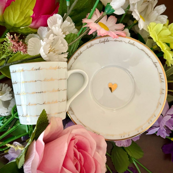 Limited Edition Spal Porcelain Valentines Day Tea Cup and Saucer - Tea cup and plate with the word LOVE written on it in different languages