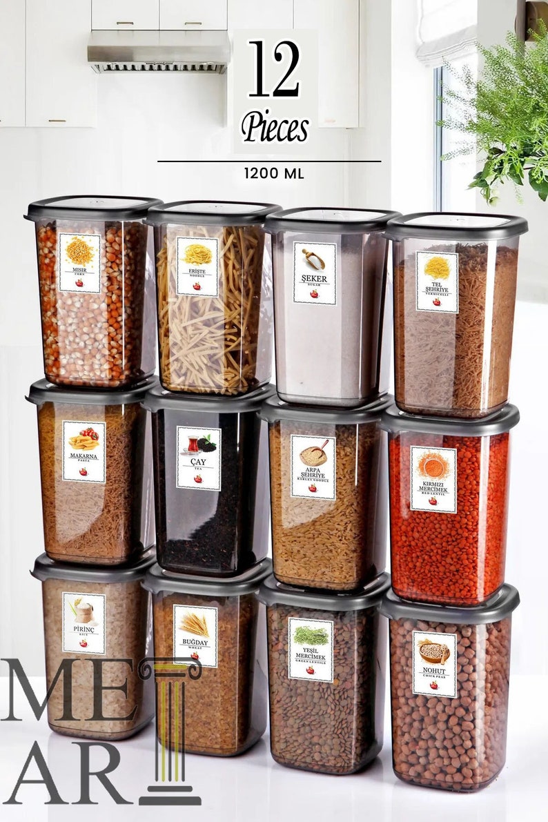 Lot de 12 contenants pour ranger les aliments et les épices, organisateur de cuisine de haute qualité, étiquettes de garde-manger prêtes à l'emploi, boîtes de rangement pour la cuisine, Style A 1200 ml