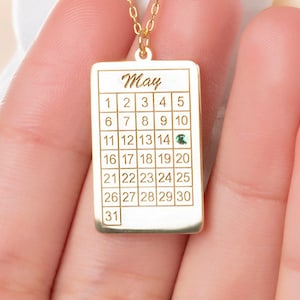 Calendar Necklace With Birthstone Gold Wedding Date Necklace