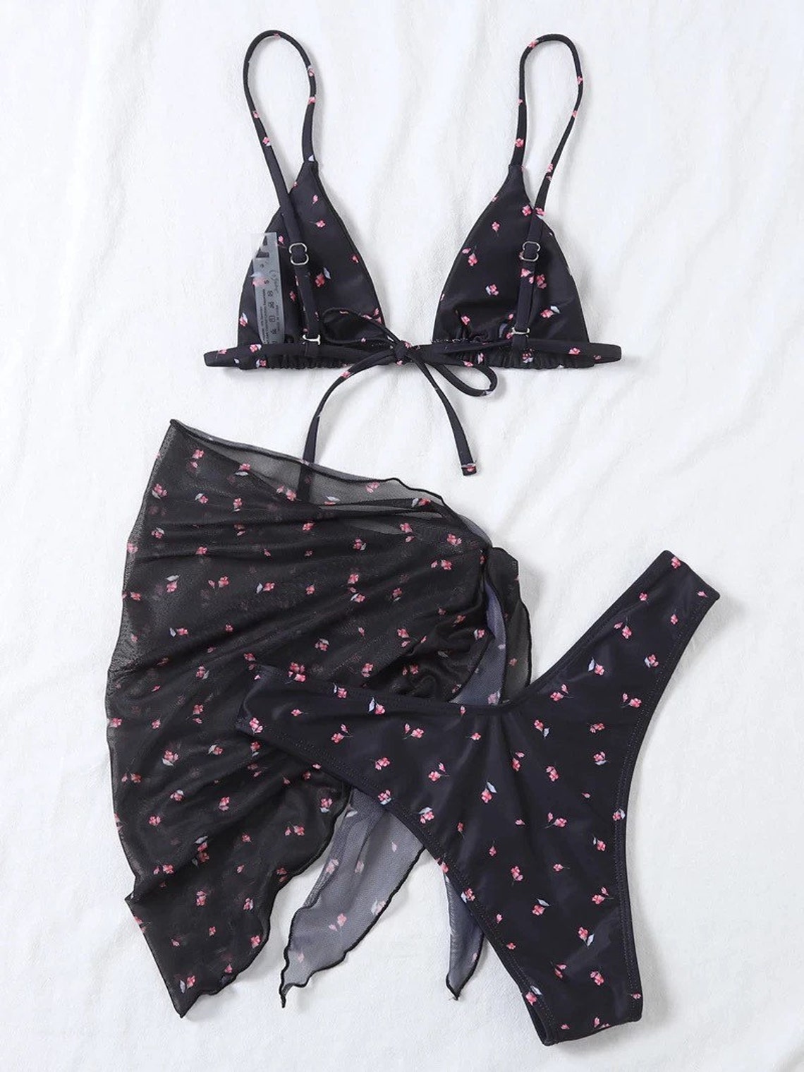 Black Floral String Tie Bikini Skirt Set Etsy