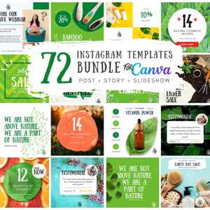 Puede incluir: Un collage de 12 plantillas de publicaciones de Instagram para Canva con hojas verdes, un cepillo de dientes de bambú, una botella de suero y el texto "72 plantillas de publicaciones de Instagram para Canva".