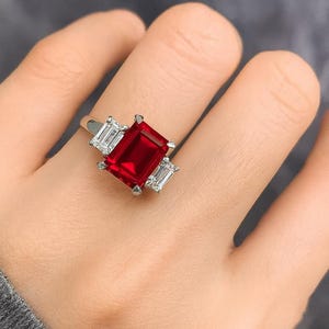 Emerald Cut Lab Ruby Ring: Sterling Silver Engagement Ring